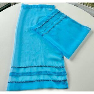 Vintage 60s sheer curtains, Robin Egg blue, embroidered trim, pair